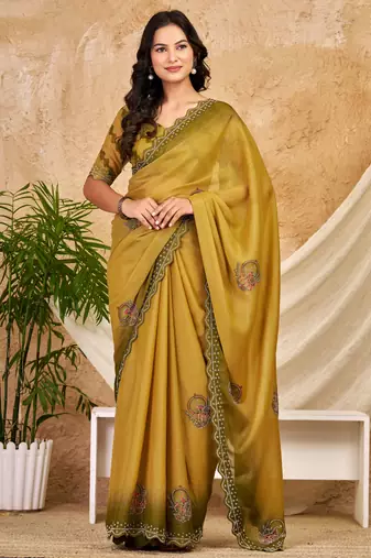 mustard chocolate silk blend saree with embellished border
