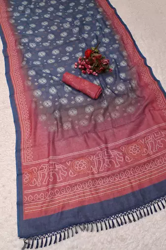 blue pink shimmer handloom cotton blend digital print saree