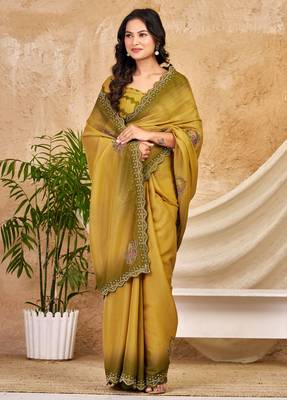 mustard chocolate silk blend saree with embellished border (sfsrsk1002) 4