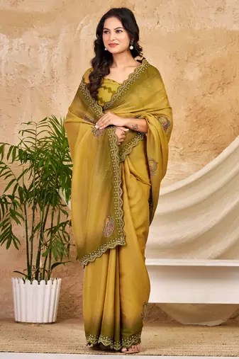 mustard chocolate silk blend saree with embellished border