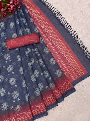 blue pink shimmer handloom cotton blend digital print saree 4