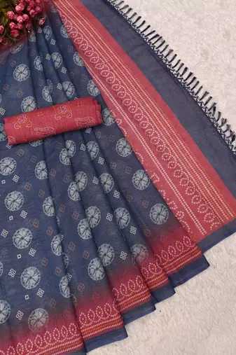 blue pink shimmer handloom cotton blend digital print saree