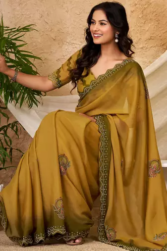 mustard chocolate silk blend saree with embellished border