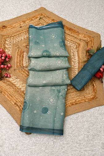 sea green shimmer handloom cotton blend saree bandhani print