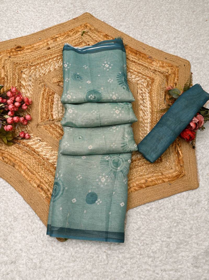 sea green shimmer handloom cotton blend saree bandhani print