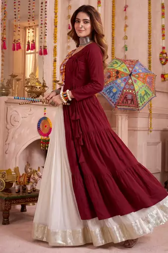 Off White Cotton Mirror & Gamthi Work Lehenga Choli Set