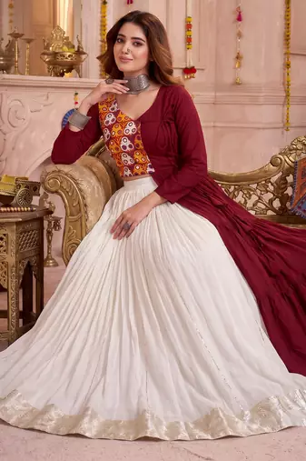 Off White Cotton Mirror & Gamthi Work Lehenga Choli Set