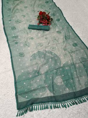 sea green shimmer handloom cotton blend saree bandhani print 3