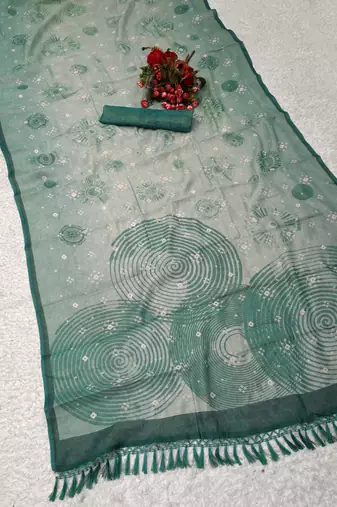 sea green shimmer handloom cotton blend saree bandhani print