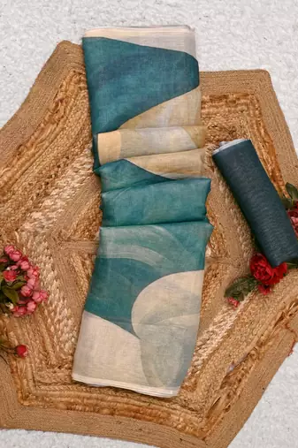 teal turquoise shimmer handloom cotton blend digital print saree
