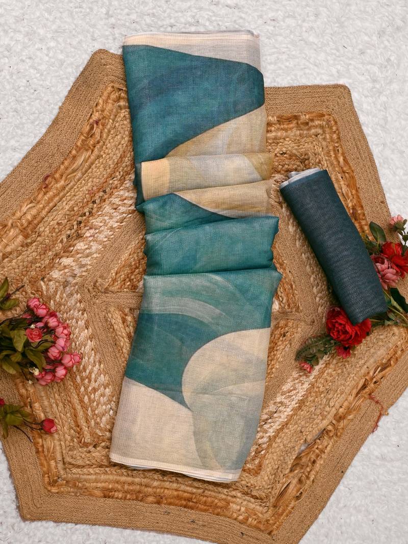 teal turquoise shimmer handloom cotton blend digital print saree