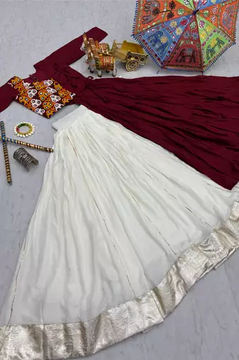 Off White Cotton Mirror & Gamthi Work Lehenga Choli Set