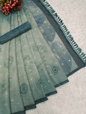 sea green shimmer handloom cotton blend saree bandhani print 4