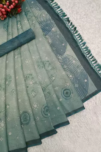 sea green shimmer handloom cotton blend saree bandhani print