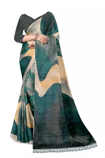 teal turquoise shimmer handloom cotton blend digital print saree