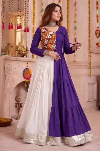 Off White Cotton Mirror & Gamthi Work Lehenga Choli Set