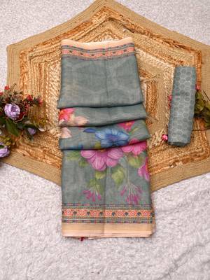 sea green pink shimmer handloom cotton blend digital print saree 1