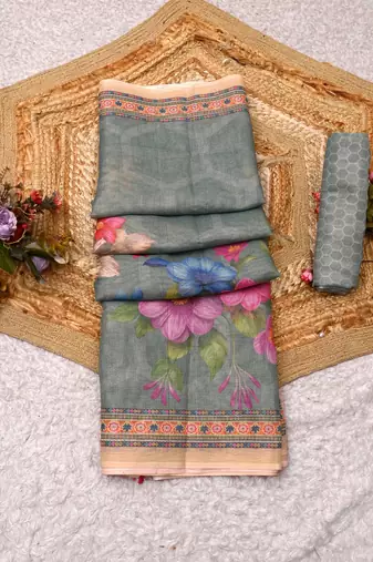 sea green pink shimmer handloom cotton blend digital print saree