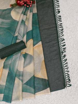 teal turquoise shimmer handloom cotton blend digital print saree 4