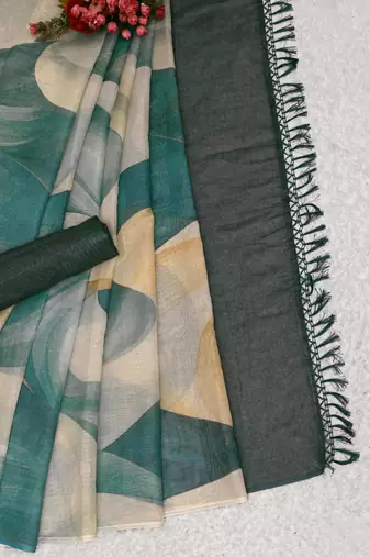 teal turquoise shimmer handloom cotton blend digital print saree