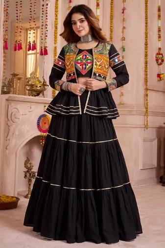 Black Cotton Mirror & Gamthi Work Lehenga Choli Set