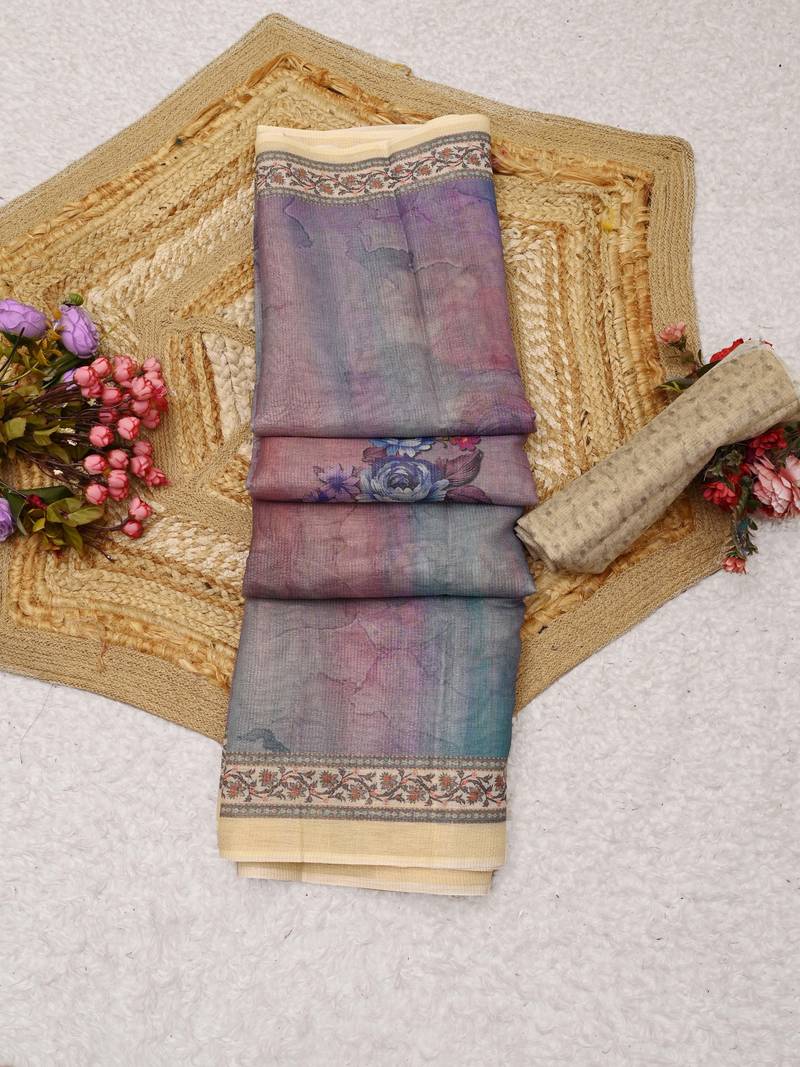 purple pink shimmer handloom cotton blend saree floral print