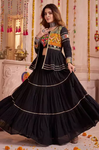 Black Cotton Mirror & Gamthi Work Lehenga Choli Set