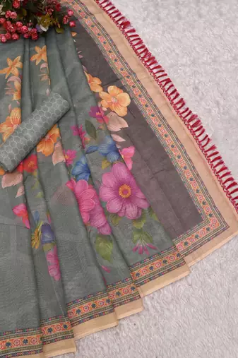 sea green pink shimmer handloom cotton blend digital print saree