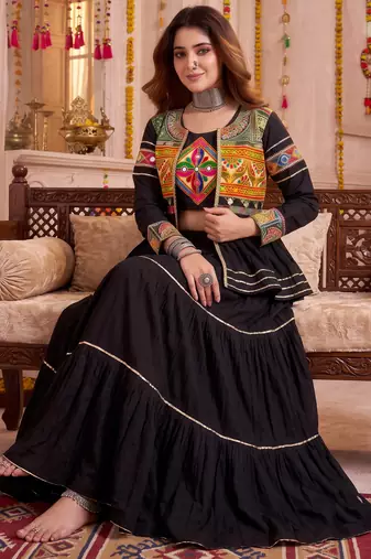 Black Cotton Mirror & Gamthi Work Lehenga Choli Set