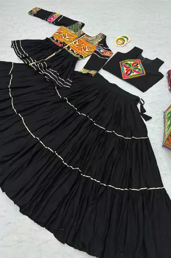 Black Cotton Mirror & Gamthi Work Lehenga Choli Set