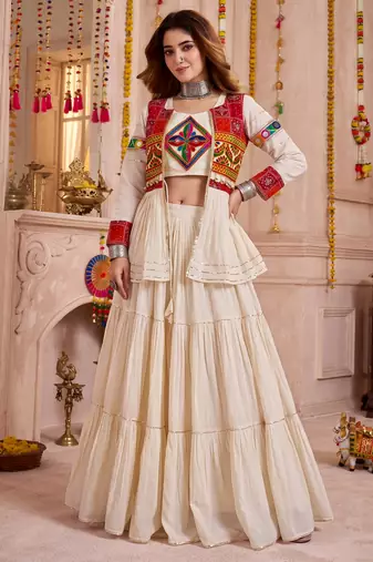Cream Cotton Mirror & Gamthi Work Lehenga Choli Set