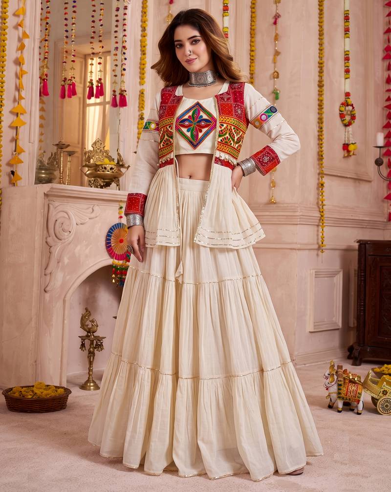 Cream Cotton Mirror & Gamthi Work Lehenga Choli Set