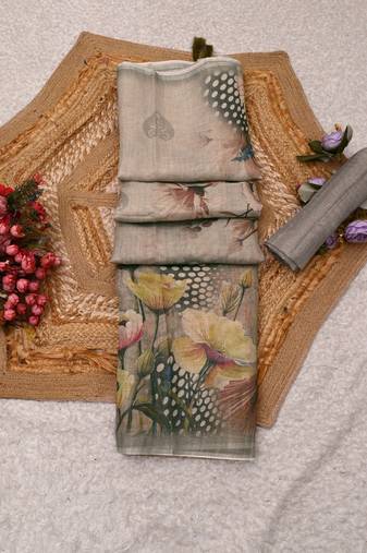 grey shimmer handloom cotton blend digital print saree