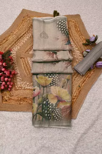 grey shimmer handloom cotton blend digital print saree