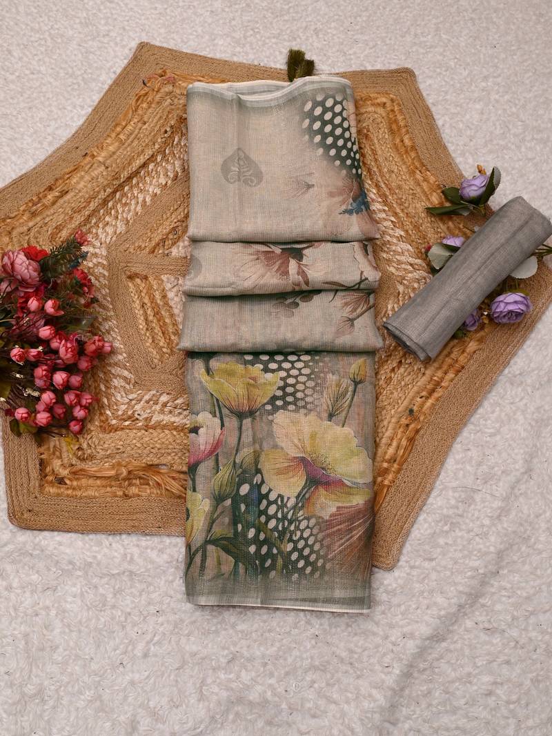 grey shimmer handloom cotton blend digital print saree (t sfshmr42)