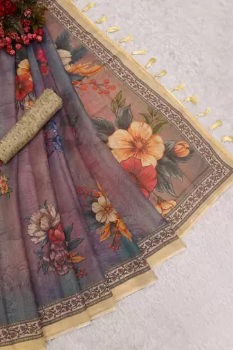 purple pink shimmer handloom cotton blend saree floral print