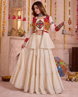 Cream Cotton Mirror & Gamthi Work Lehenga Choli Set 2