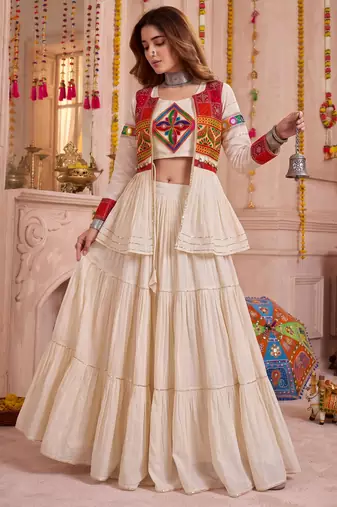 Cream Cotton Mirror & Gamthi Work Lehenga Choli Set