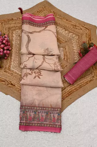 cream shimmer handloom cotton blend digital print saree
