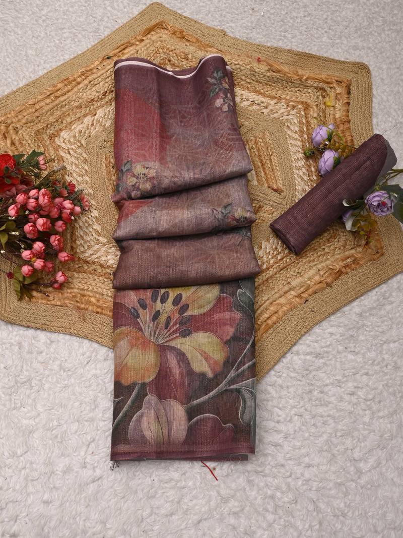 mauve purple shimmer handloom cotton blend saree floral print