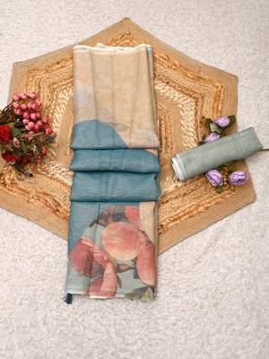 beige blue shimmer handloom cotton blend digital print saree 1