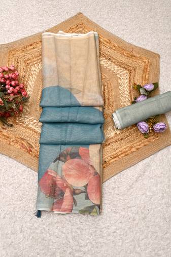 beige blue shimmer handloom cotton blend digital print saree