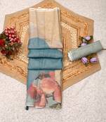 beige blue shimmer handloom cotton blend digital print saree