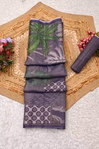 purple shimmer handloom cotton blend digital print saree