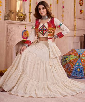 Cream Cotton Mirror & Gamthi Work Lehenga Choli Set 3