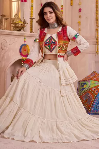 Cream Cotton Mirror & Gamthi Work Lehenga Choli Set