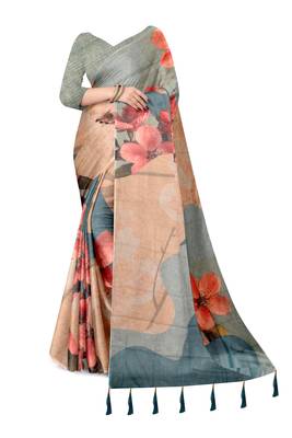 beige blue shimmer handloom cotton blend digital print saree 2