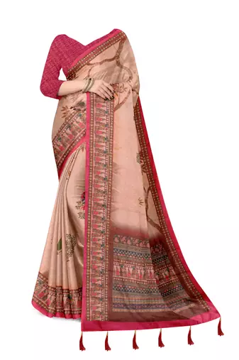 cream shimmer handloom cotton blend digital print saree
