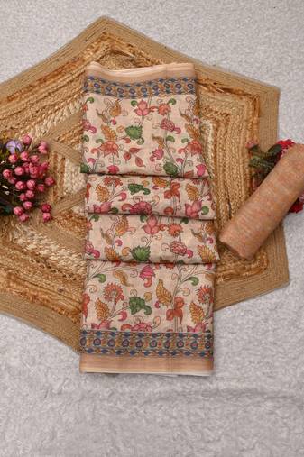 beige pink shimmer handloom cotton blend saree with floral print