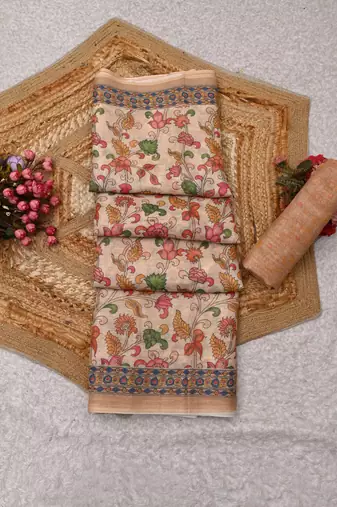 beige pink shimmer handloom cotton blend saree with floral print